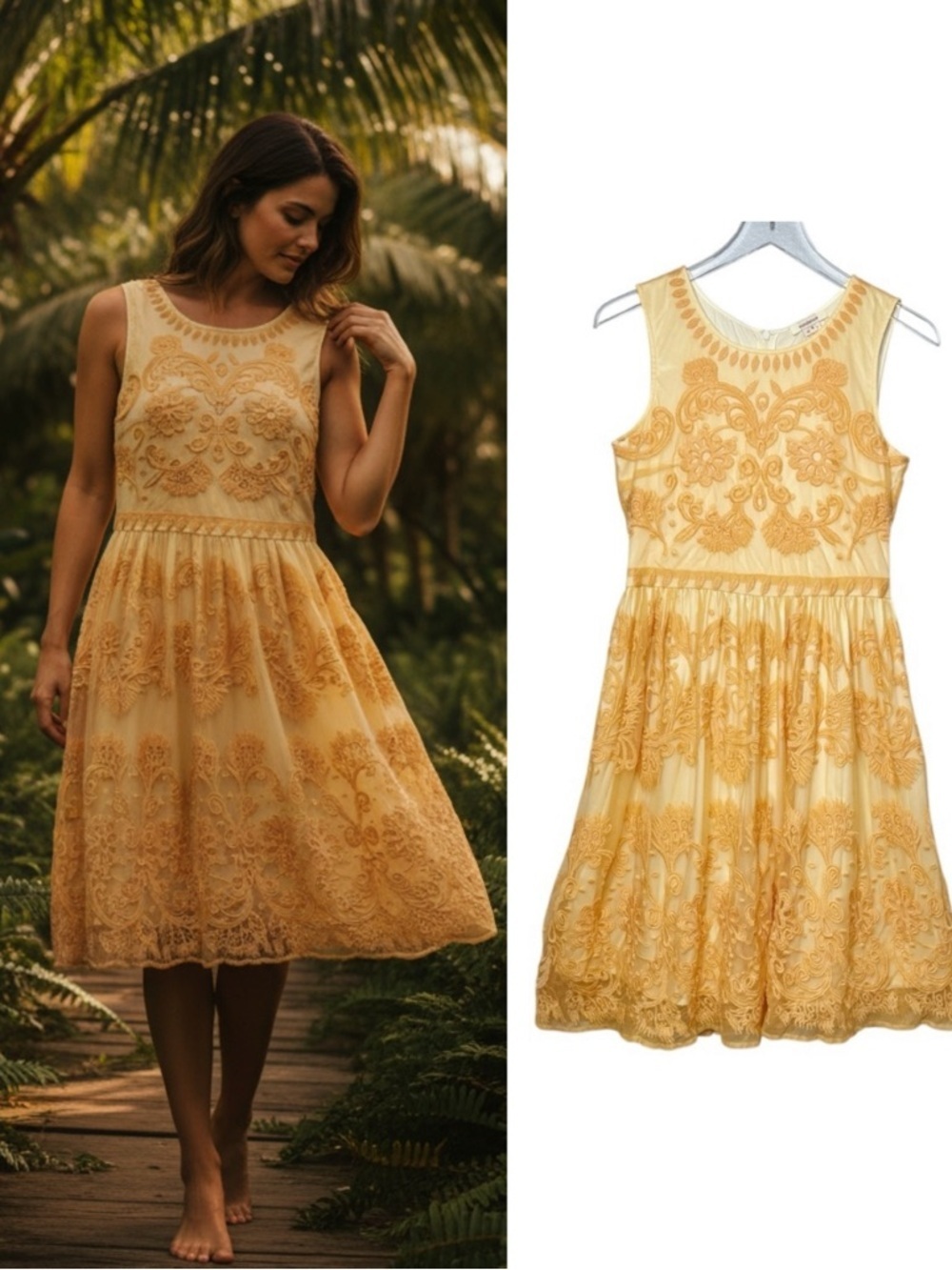 Sundance Embroidered Fit & Flare Dress Yellow Sleeveless Cottagecore Boho Sz 4